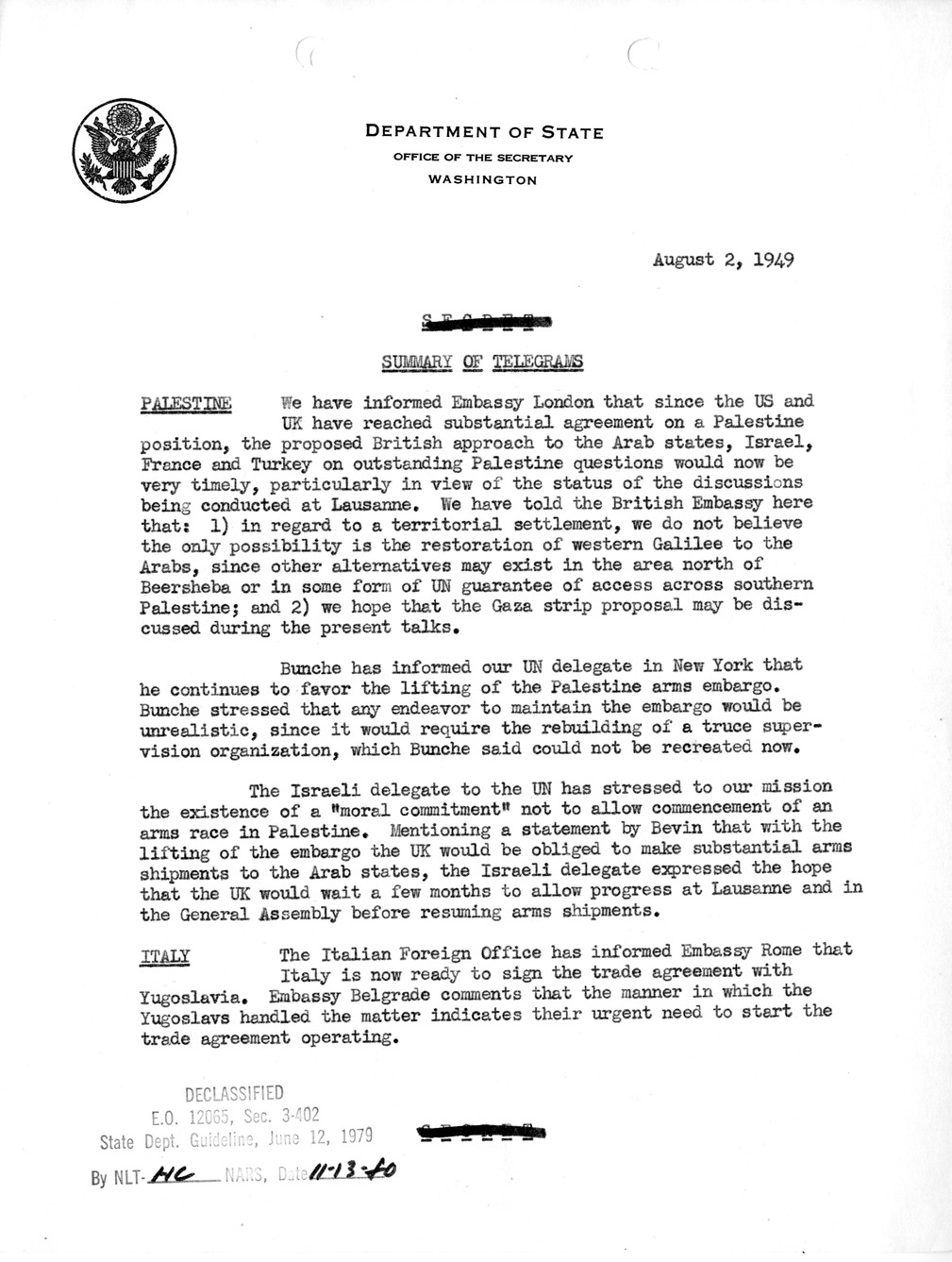 Memorandum, Department of State Summary of Telegrams