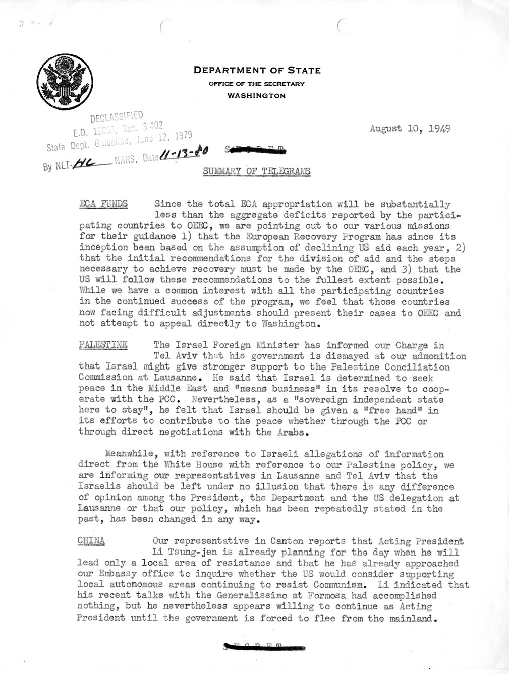 Memorandum, Department of State Summary of Telagrams