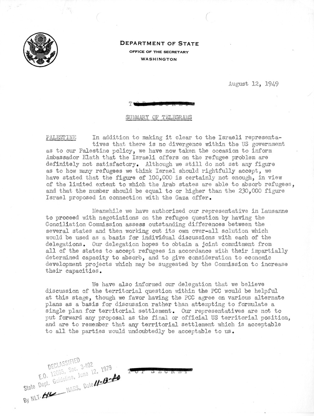 Memorandum, Department of State Summary of Telegrams