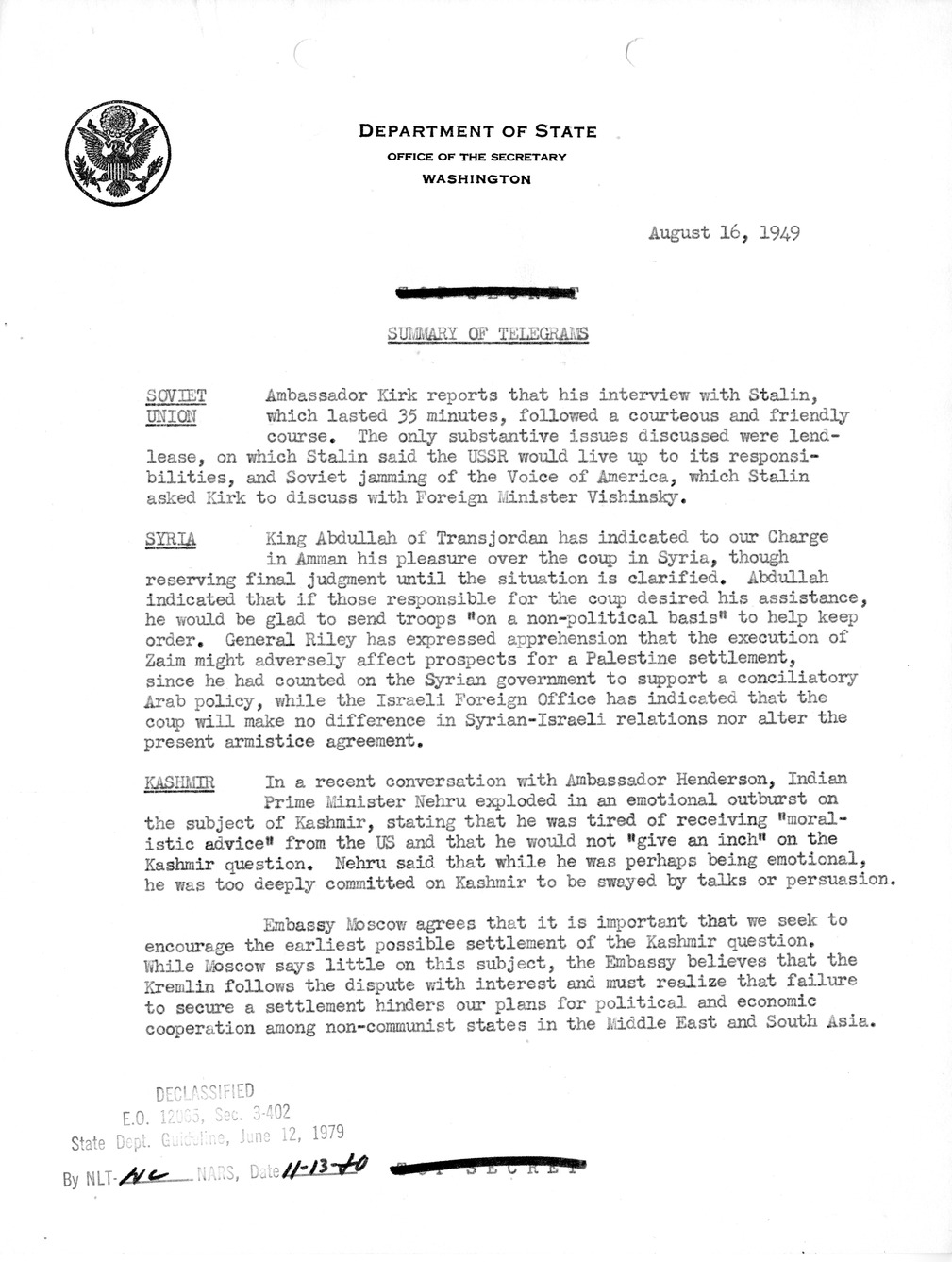 Memorandum, Department of State Summary of Telegrams