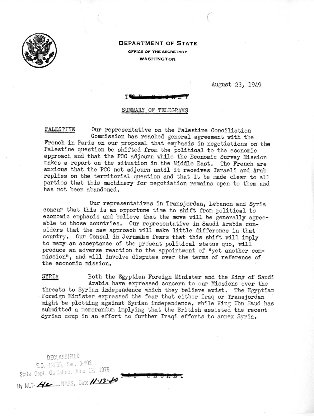 Memorandum, Department of State Summary of Telegrams