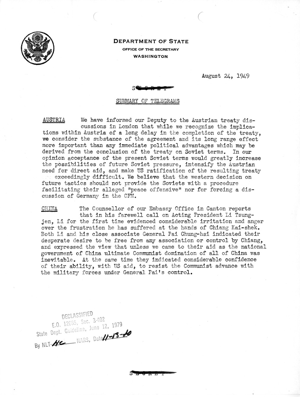 Memorandum, State Department Summary of Telegrams