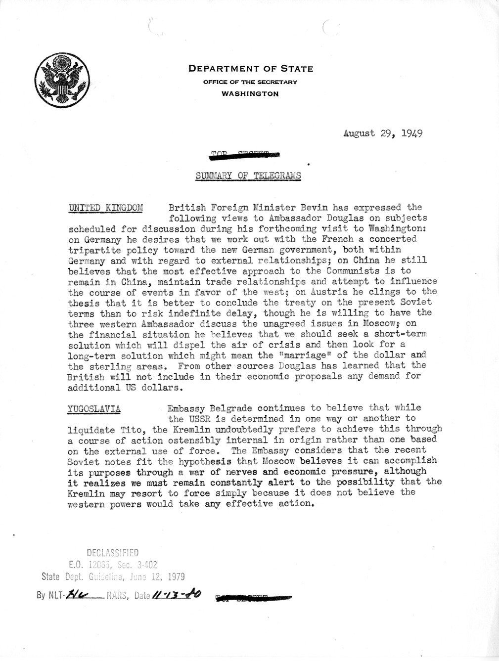 Memorandum, Department of State Summary of Telegrams