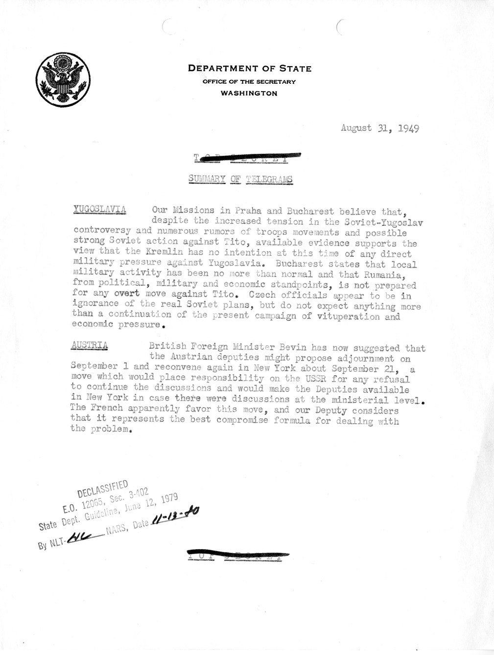 Memorandum, Department of State Summary of Telegrams