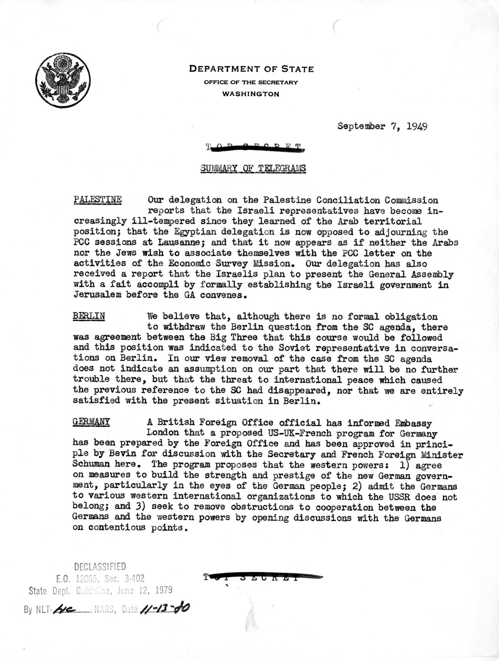 Memorandum, State Department Summary of Telegrams