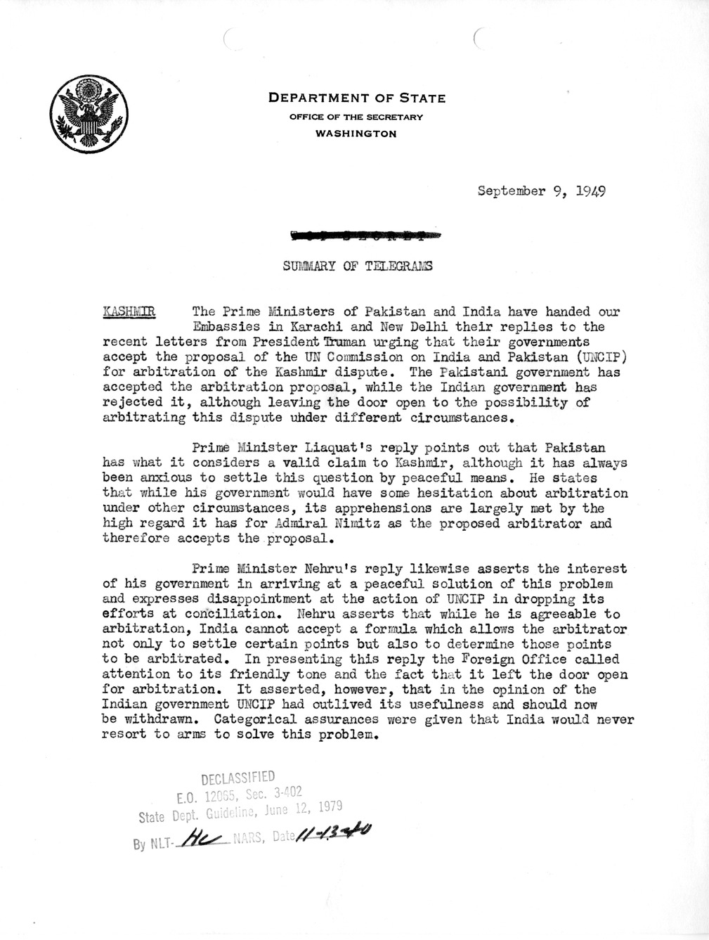 Memorandum, State Department Summary of Telegrams