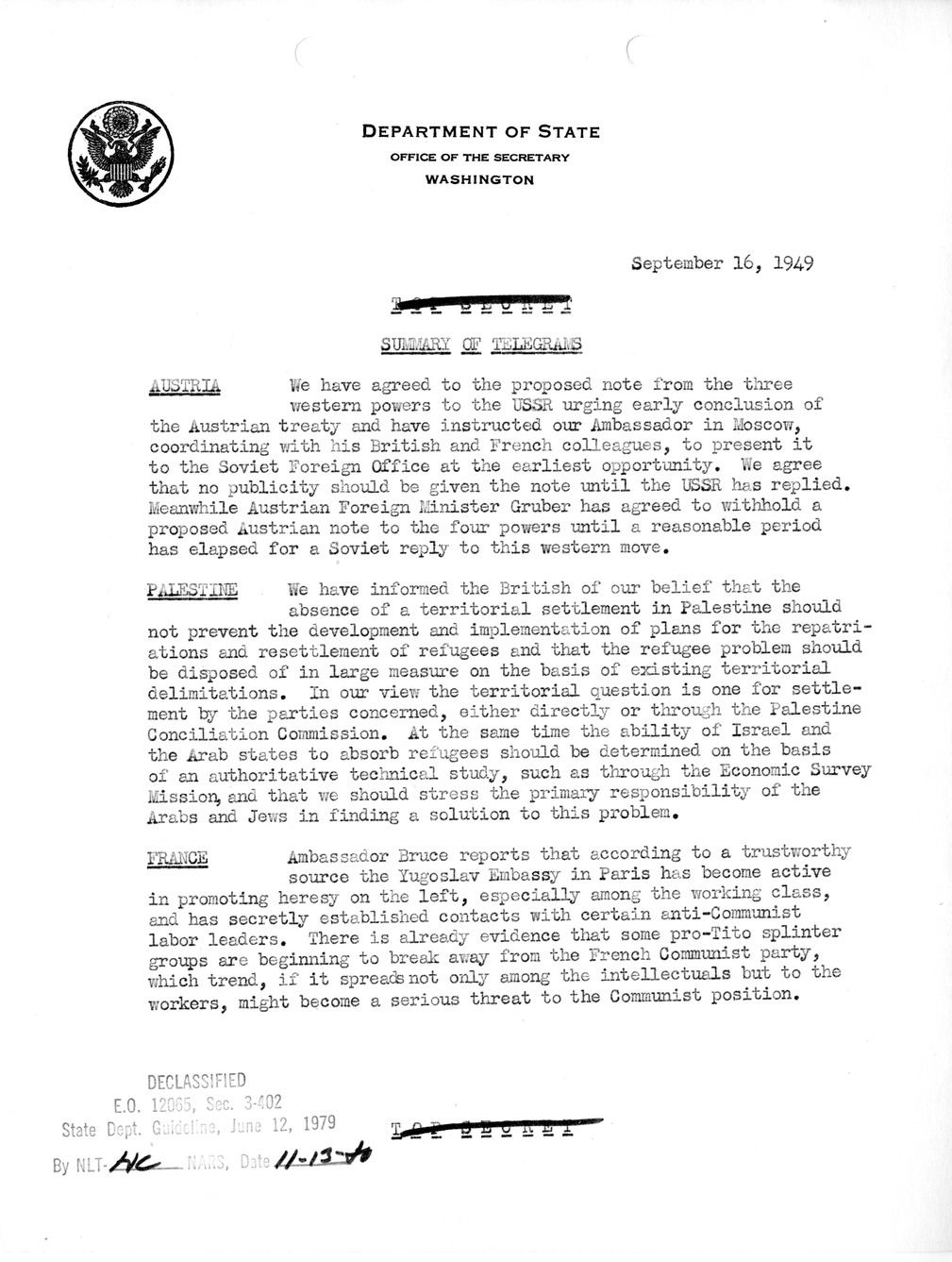 Memorandum, Department of State Summary of Telegrams