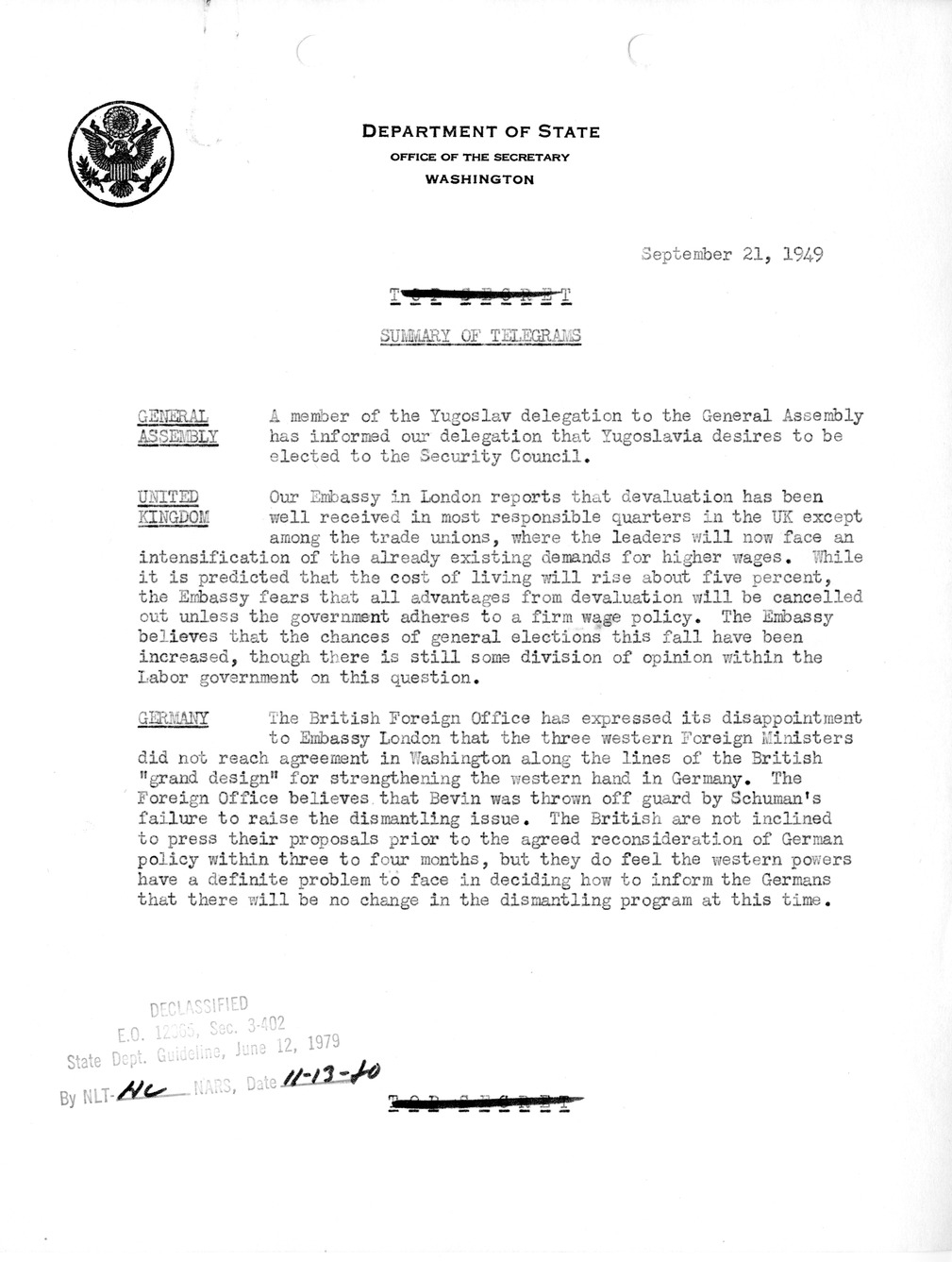 Memorandum, State Department Summary of Telegrams