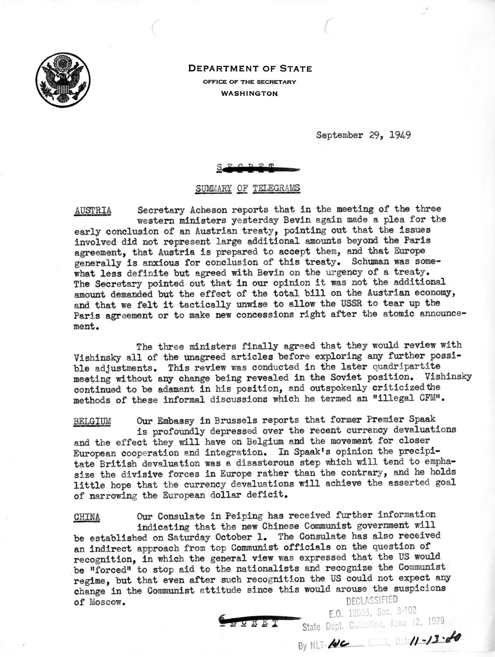 Memorandum, State Department Summary of Telegrams