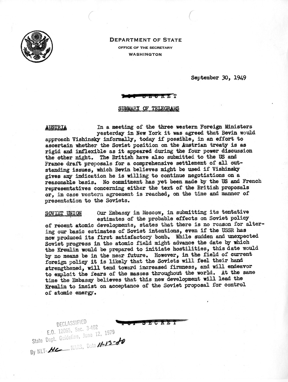Memorandum, Department of State Summary of Telegrams