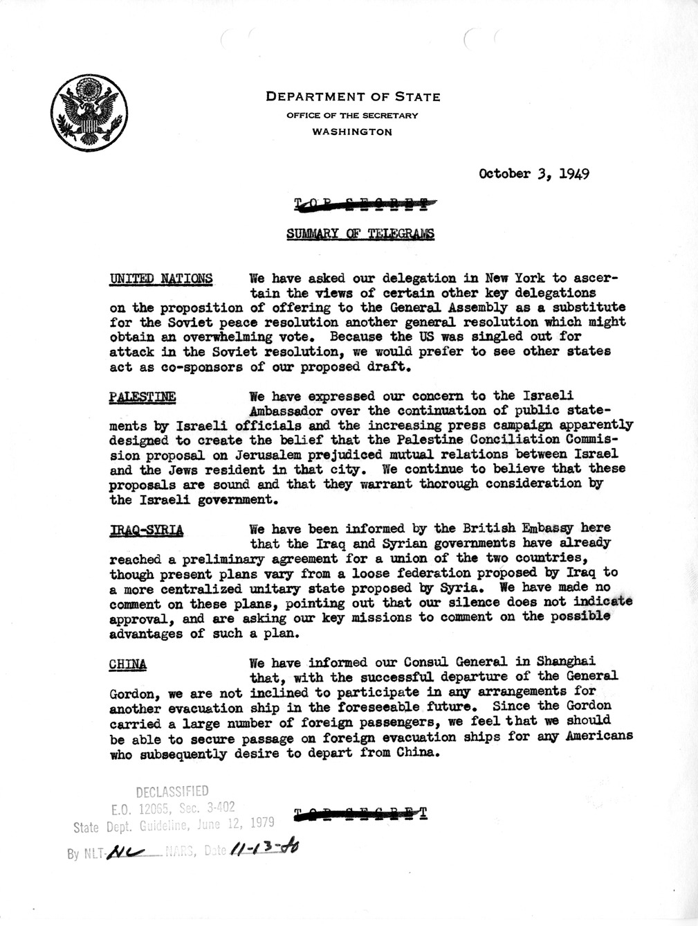 Memorandum, Department of State Summary of Telegrams