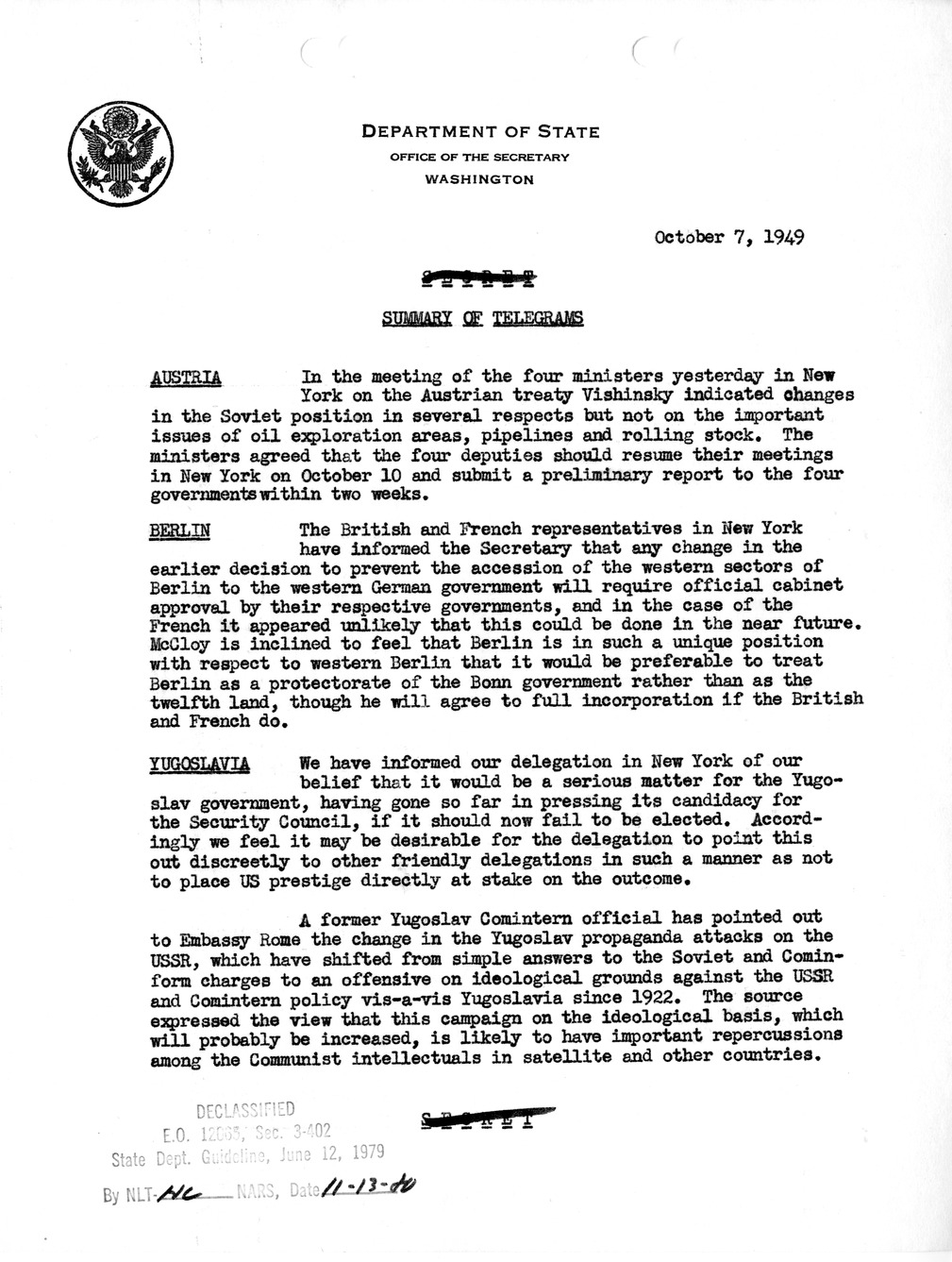 Memorandum, State Department Summary of Telegrams
