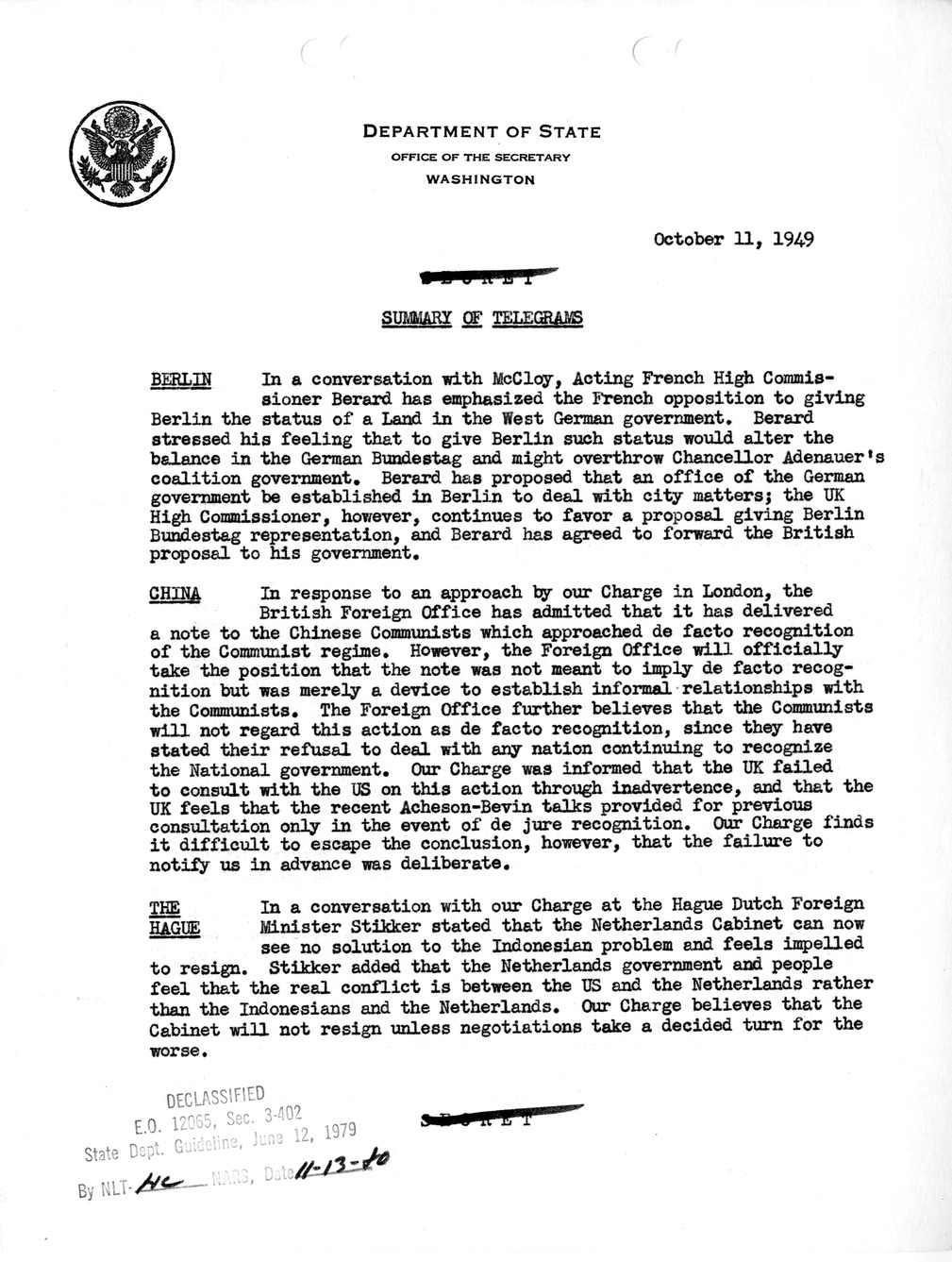 Memorandum, Department of State Summary of Telegrams