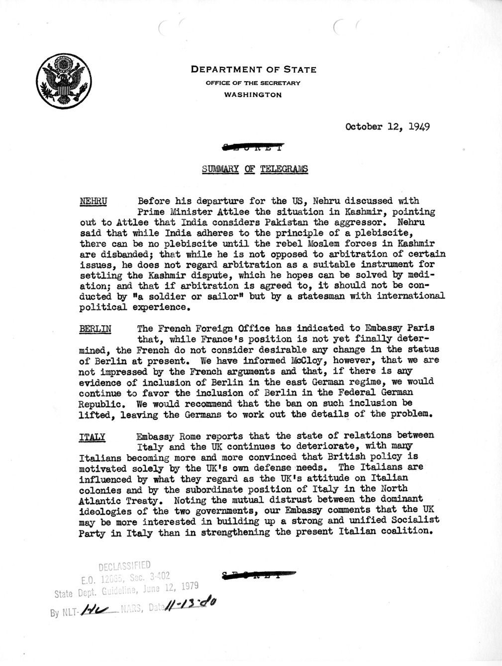 Memorandum, Department of State Summary of Telegrams