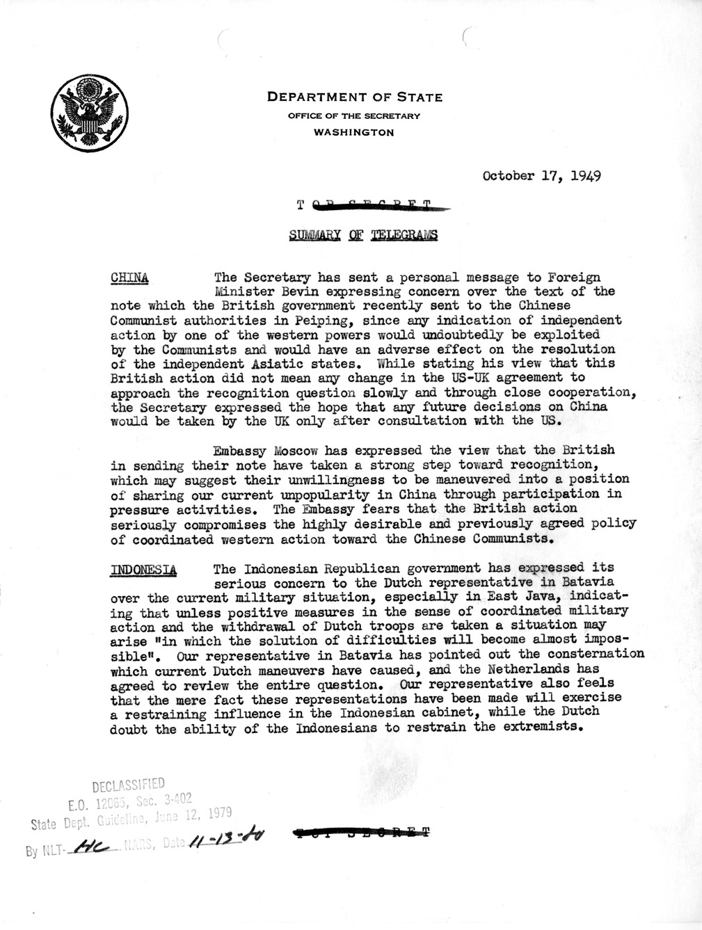 Memorandum, Department of State Summary of Telegrams