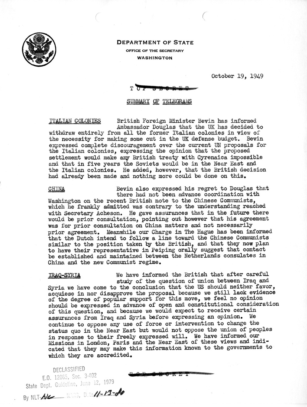 Memorandum, State Department Summary of Telegrams