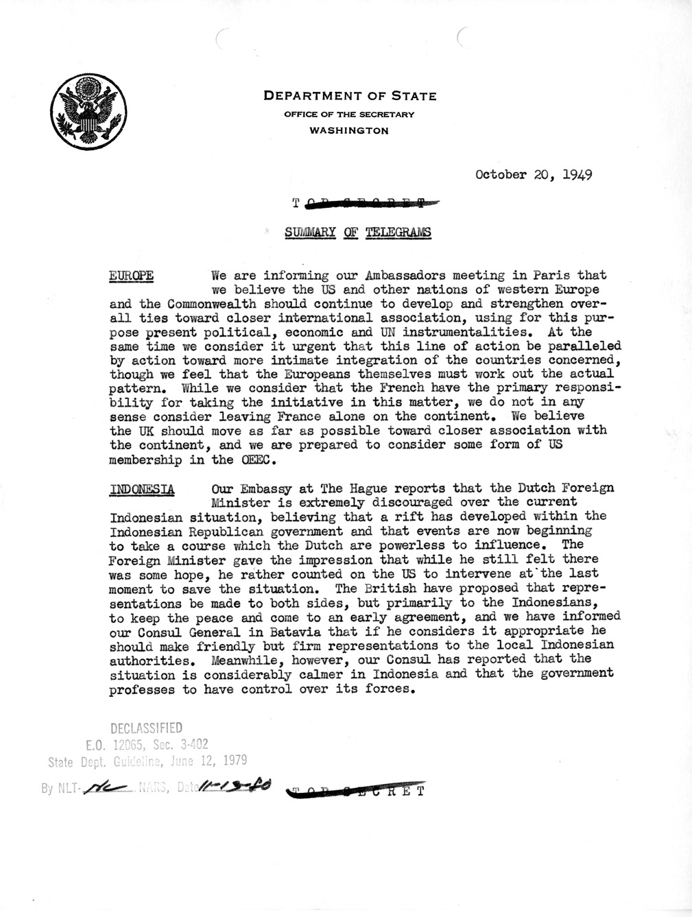Memorandum, Department of State Summary of Telegrams