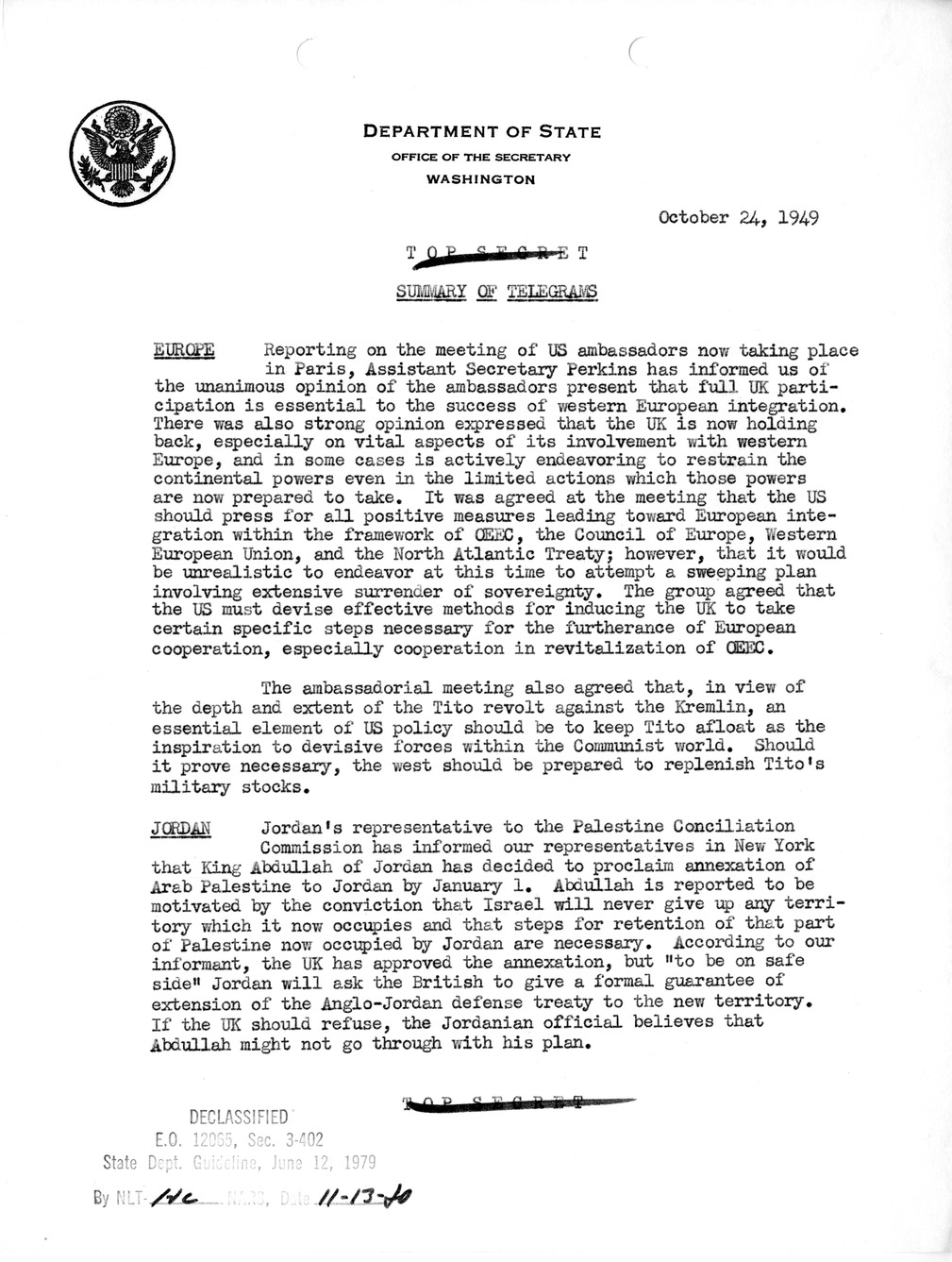 Memorandum, Department of State Summary of Telegrams