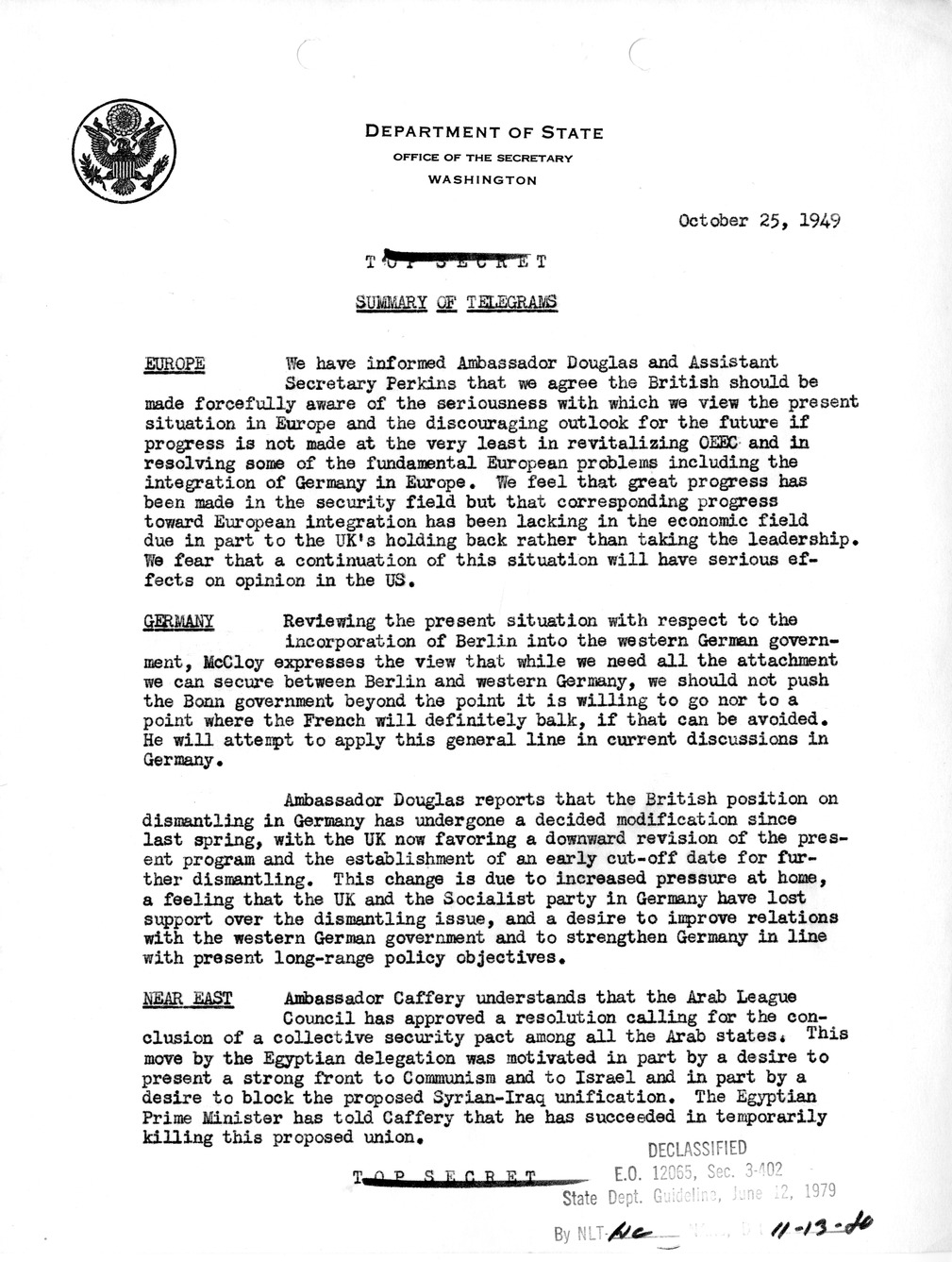 Memorandum, Department of State Summary of Telegrams