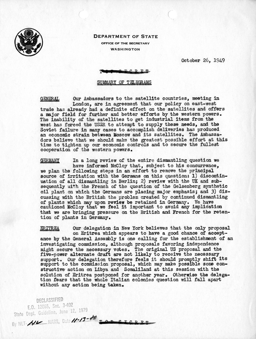 Memorandum, State Department Summary of Telegrams