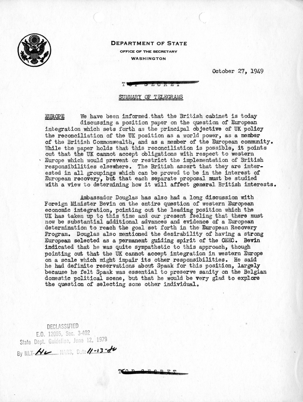 Memorandum, Department of State Summary of Telegrams