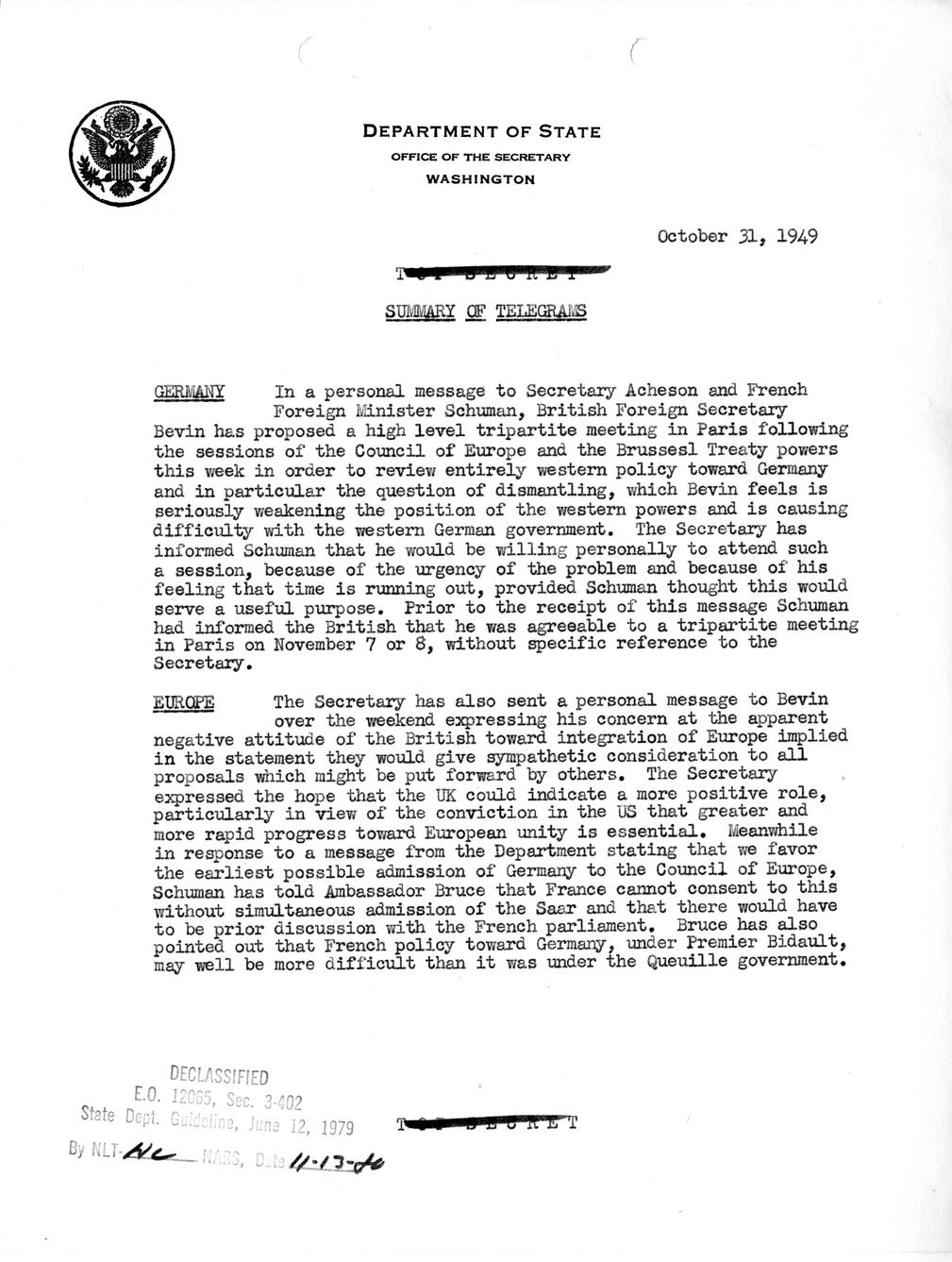 Memorandum, Department of State Summary of Telegrams
