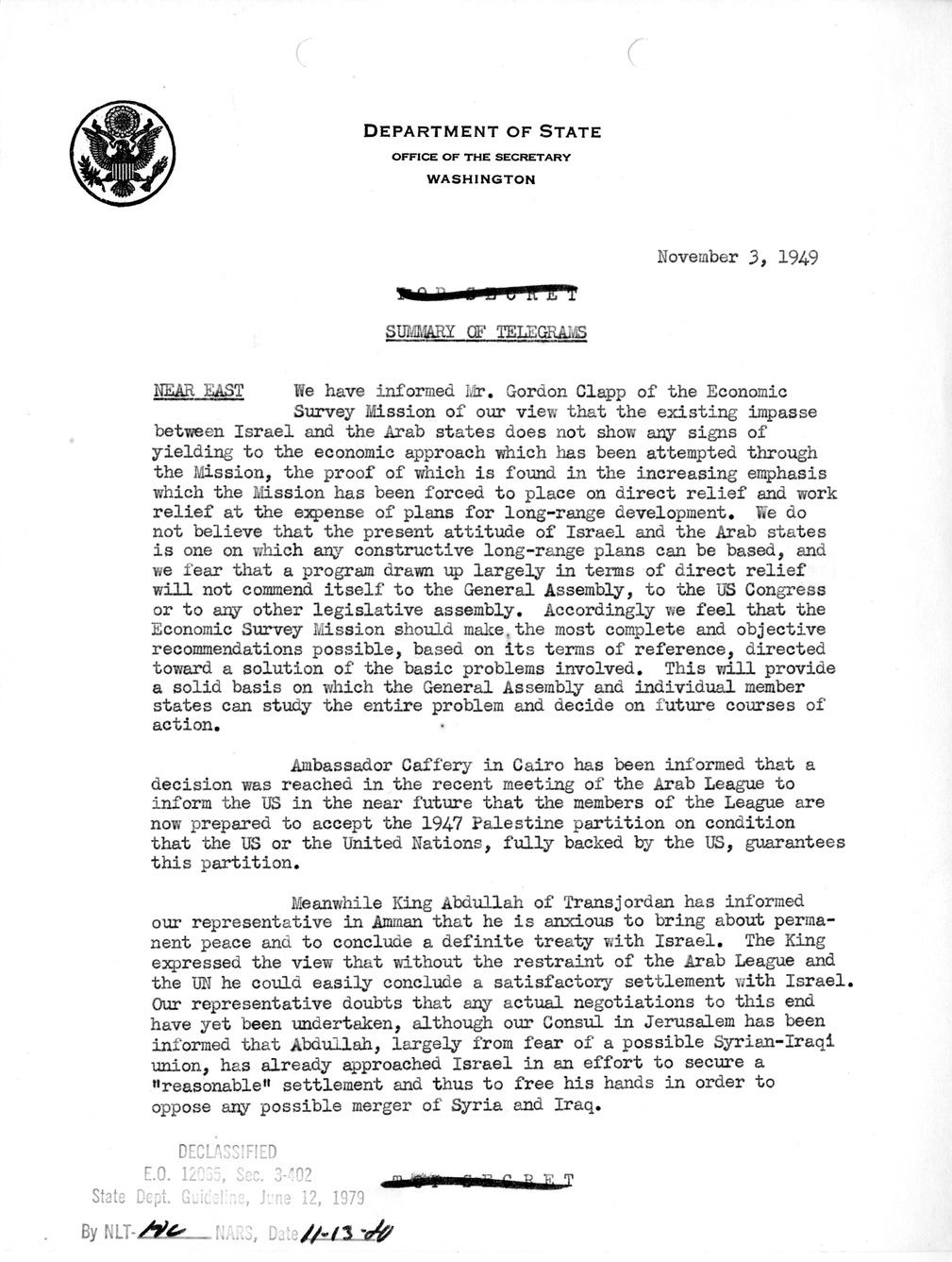 Memorandum, Department of State Summary of Telegrams