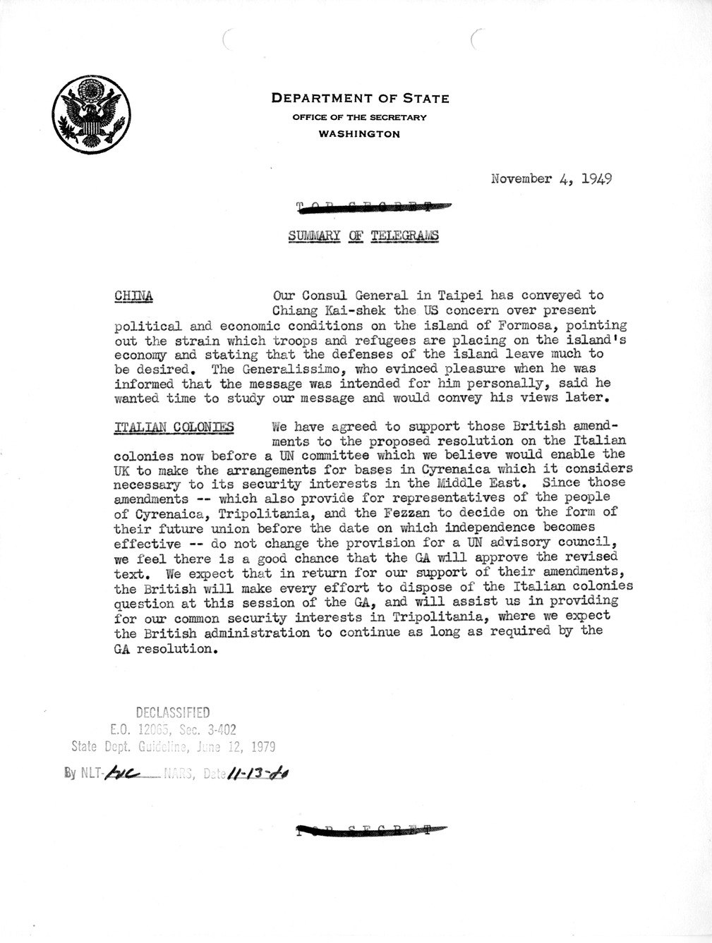 Memorandum, Department of State Summary of Telegrams