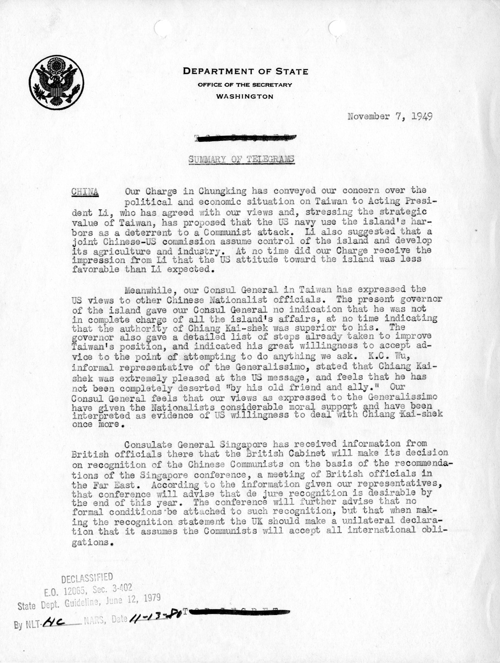 Memorandum, Department of State Summary of Telegrams