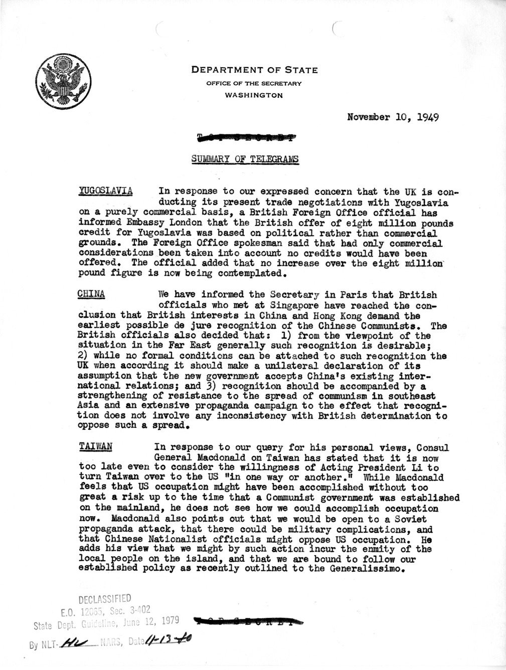 Memorandum, State Department Summary of Telegrams