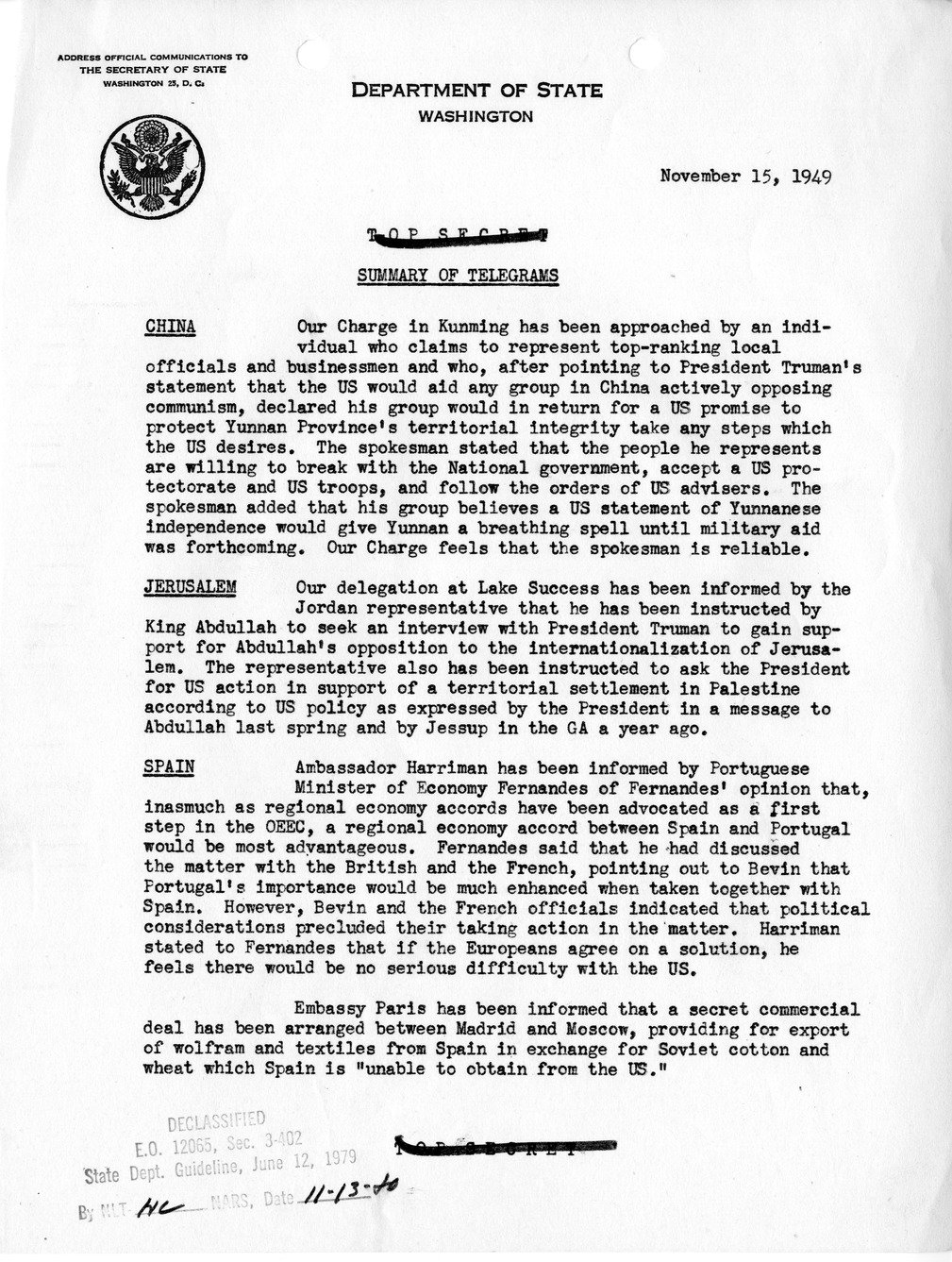Memorandum, State Department Summary of Telegrams