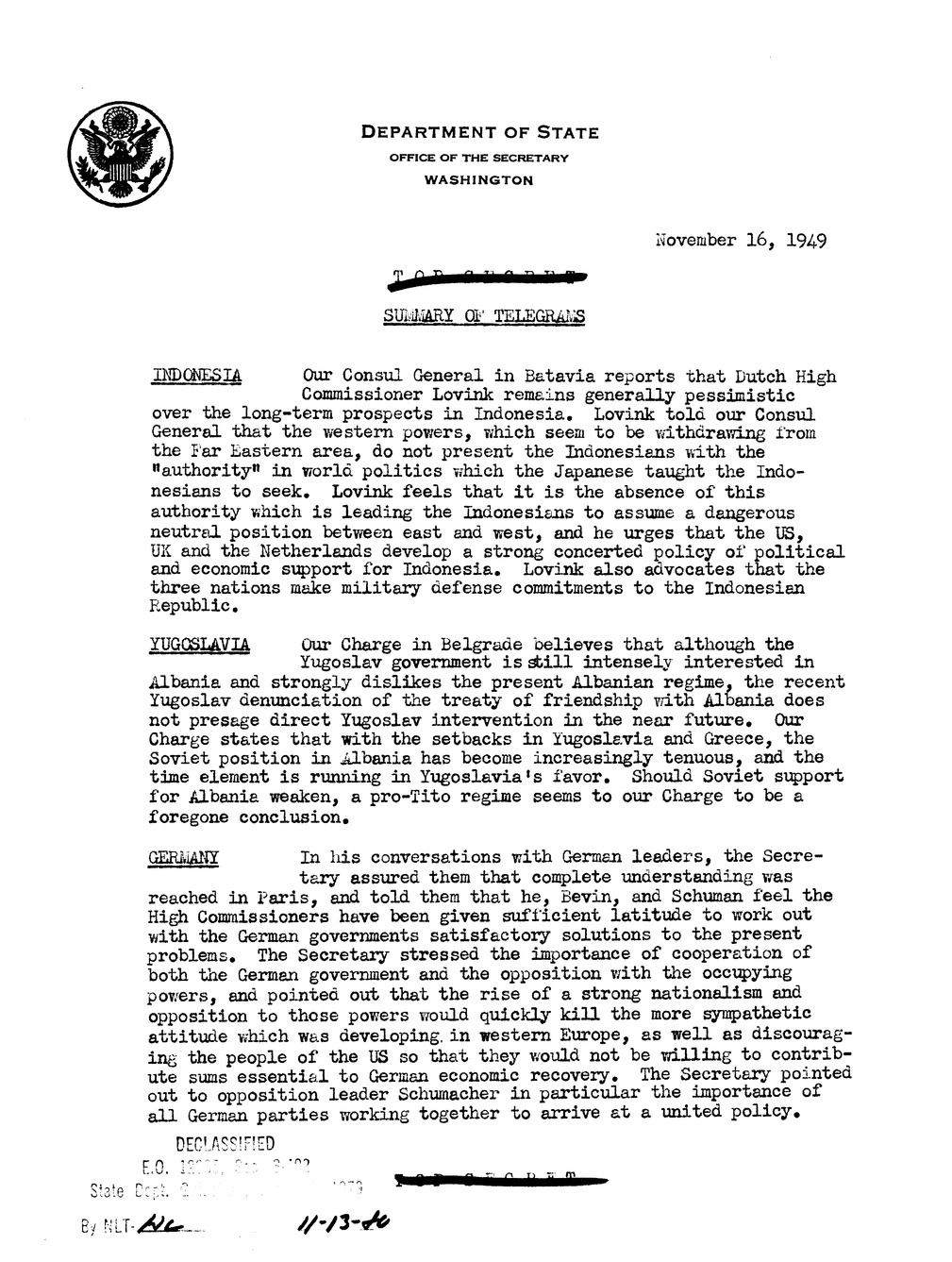 Memorandum, Department of State Summary of Telegrams