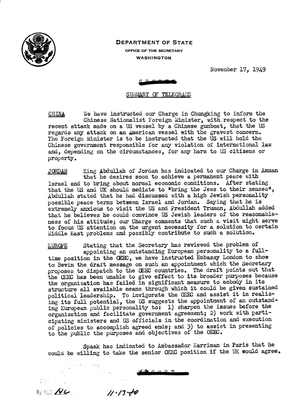 Memorandum, Department of State Summary of Telegrams