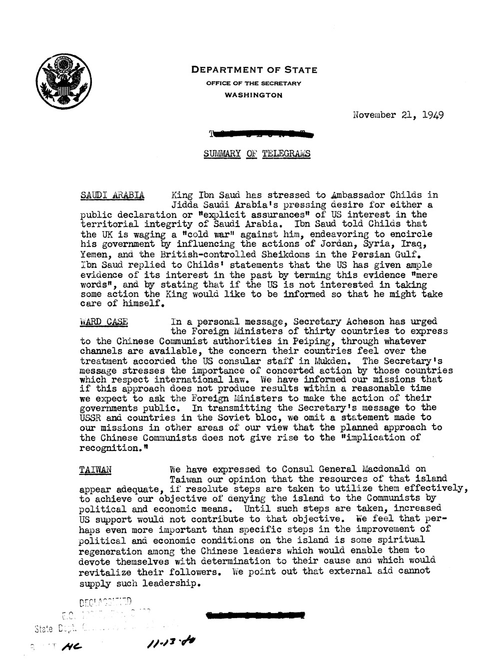 Memorandum, State Department Summary of Telegrams