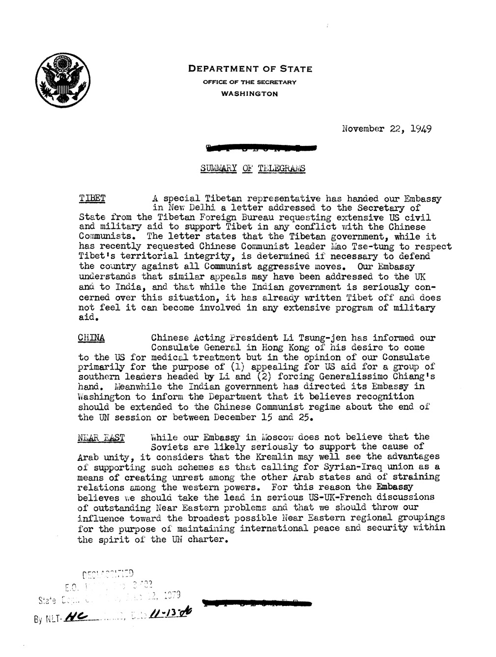 Memorandum, Department of State Summary of Telegrams