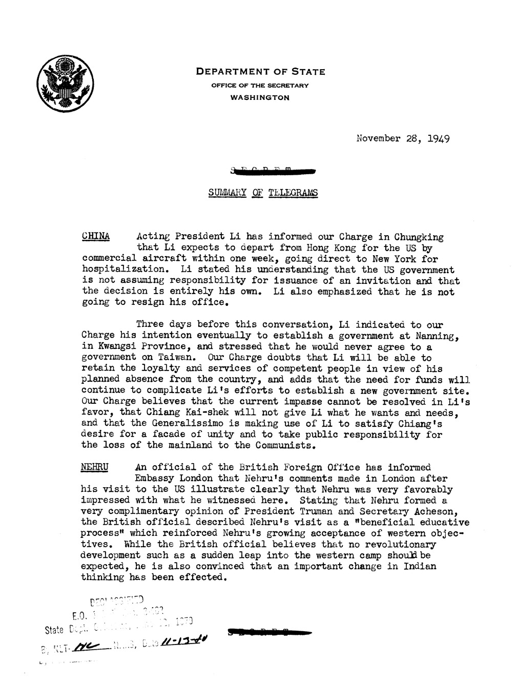 Memorandum, Department of State Summary of Telegrams