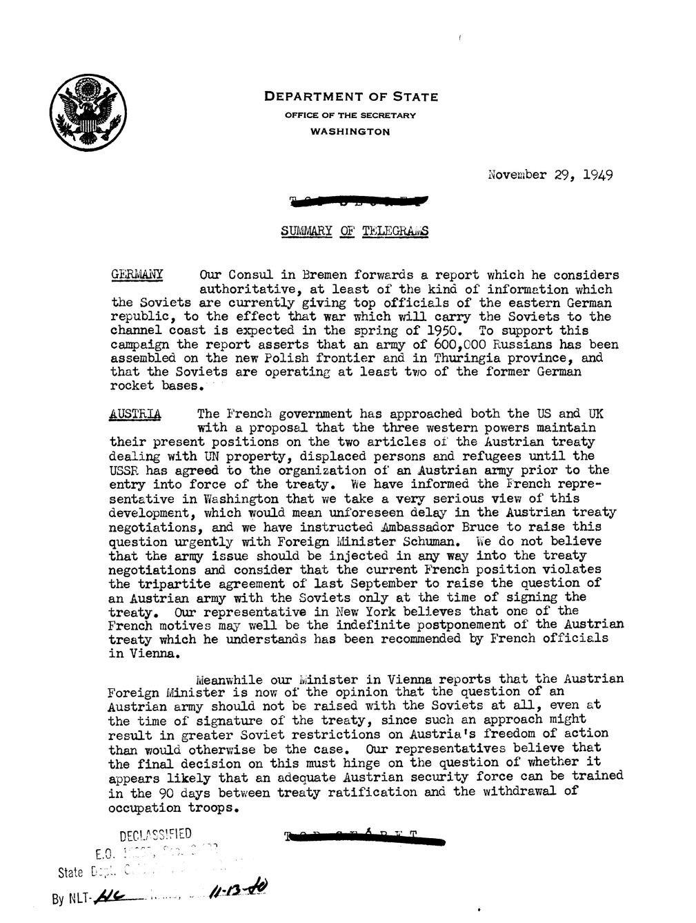 Memorandum, Department of State Summary of Telegrams