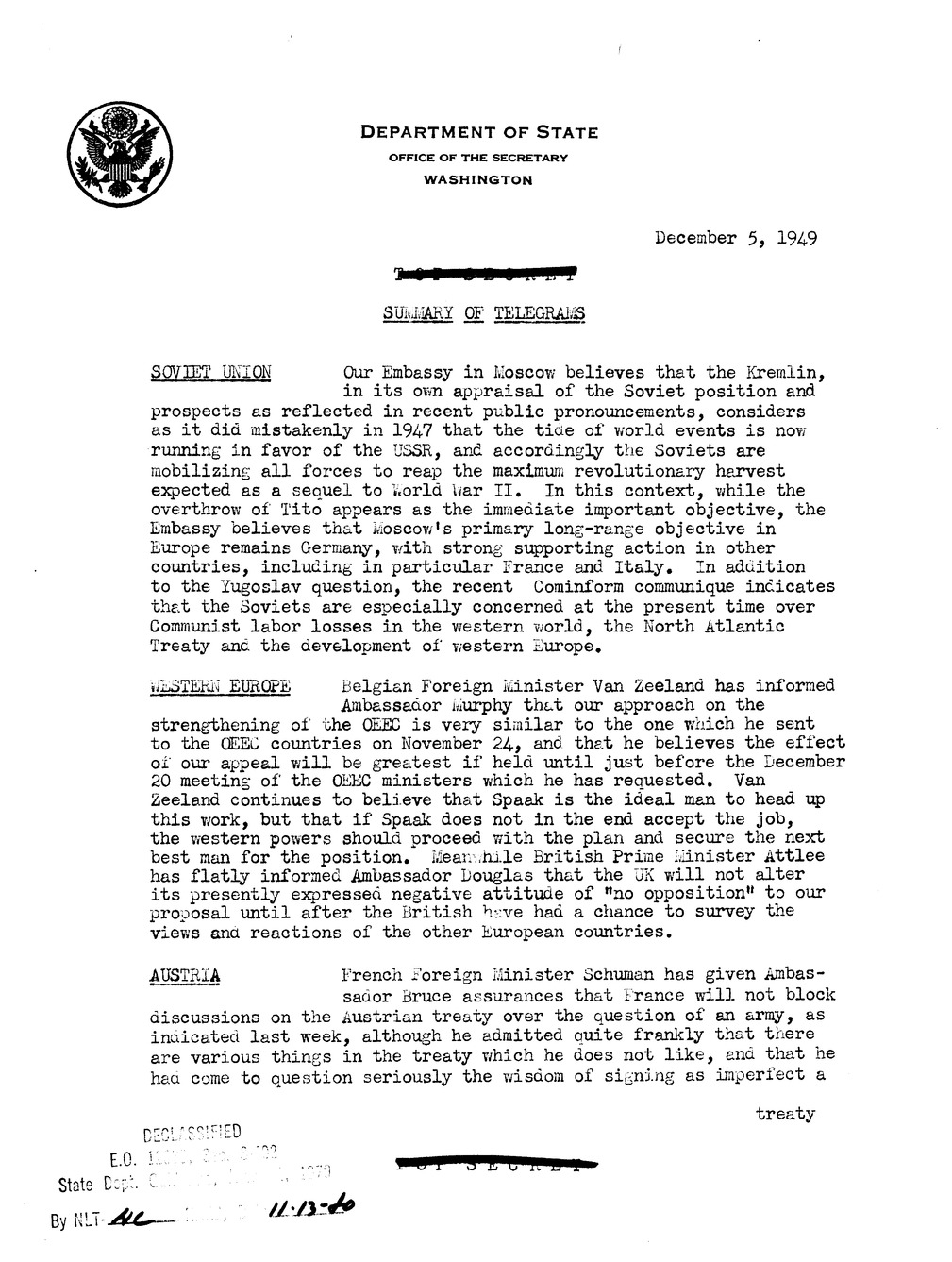 Memorandum, Department of State Summary of Telegrams