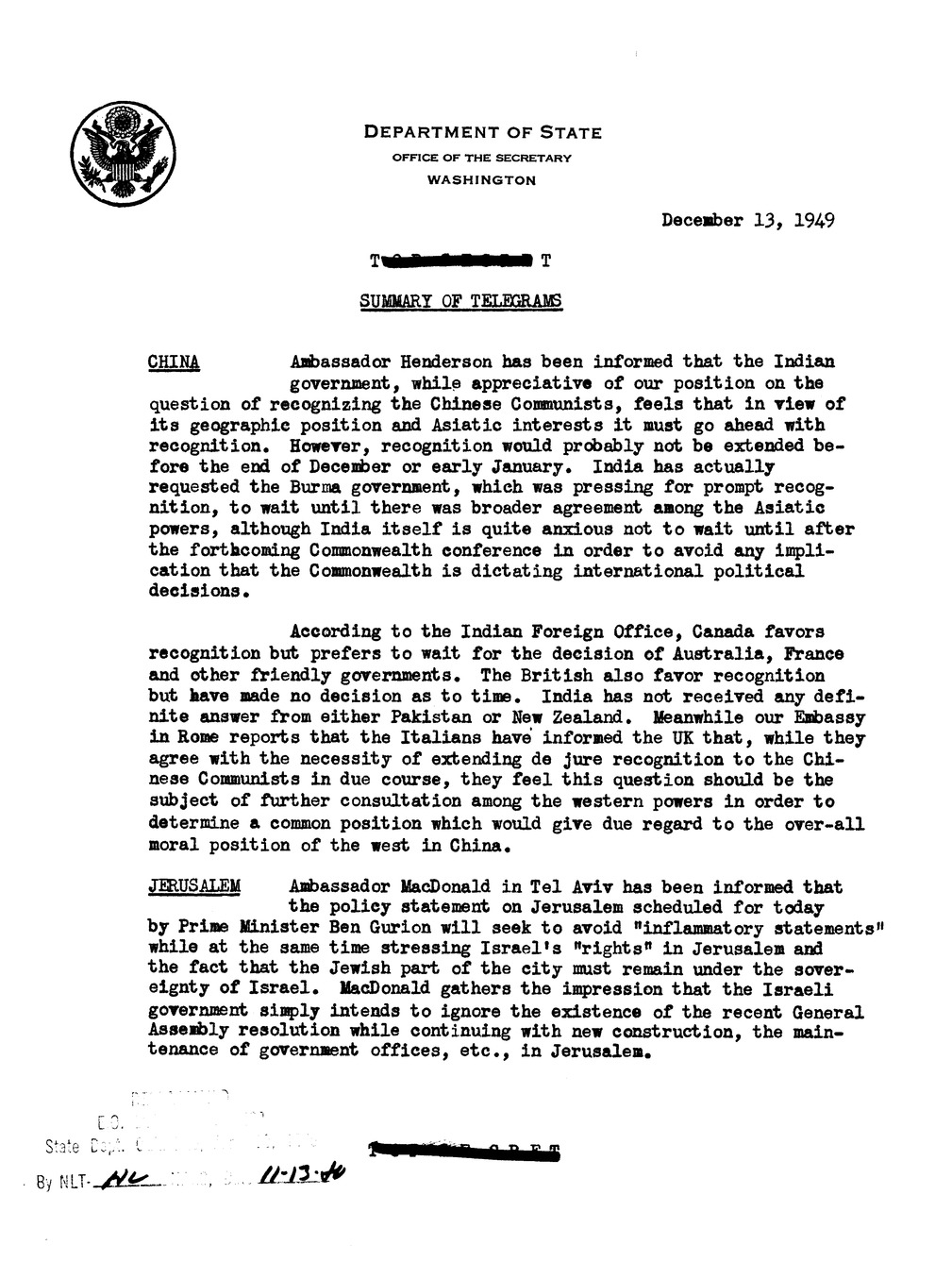 Memorandum, State Department Summary of Telegrams