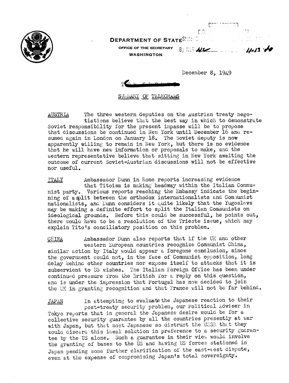 Memorandum, Department of State Summary of Telegrams