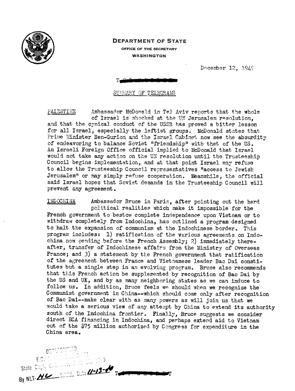 Memorandum, Department of State Summary of Telegrams