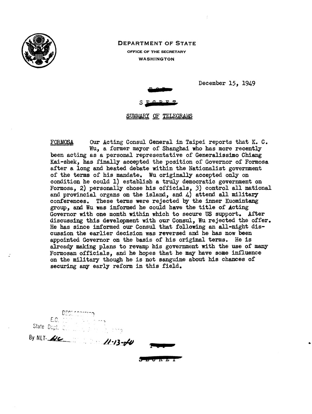Memorandum, Department of State Summary of Telegrams