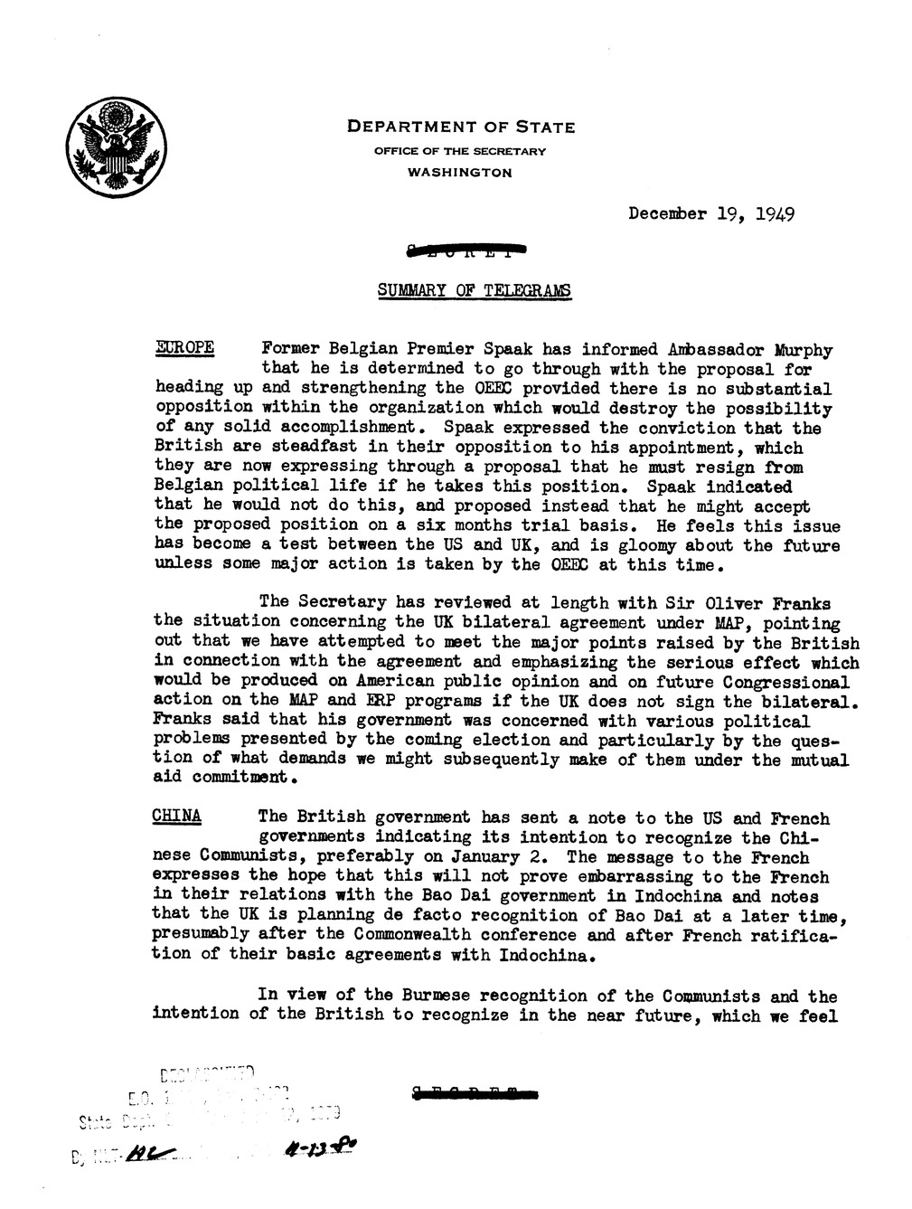 Memorandum, Department of State Summary of Telegrams