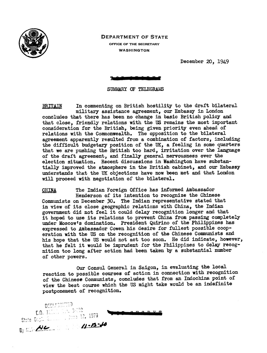 Memorandum, Department of State Summary of Telegrams