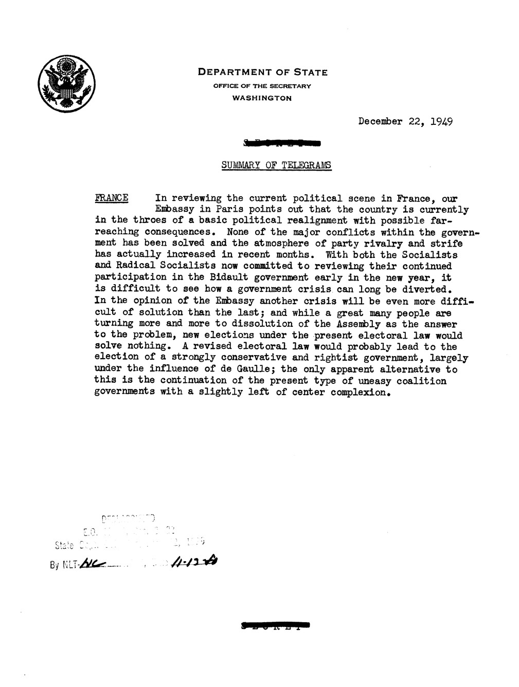 Memorandum, Department of State Summary of Telegrams