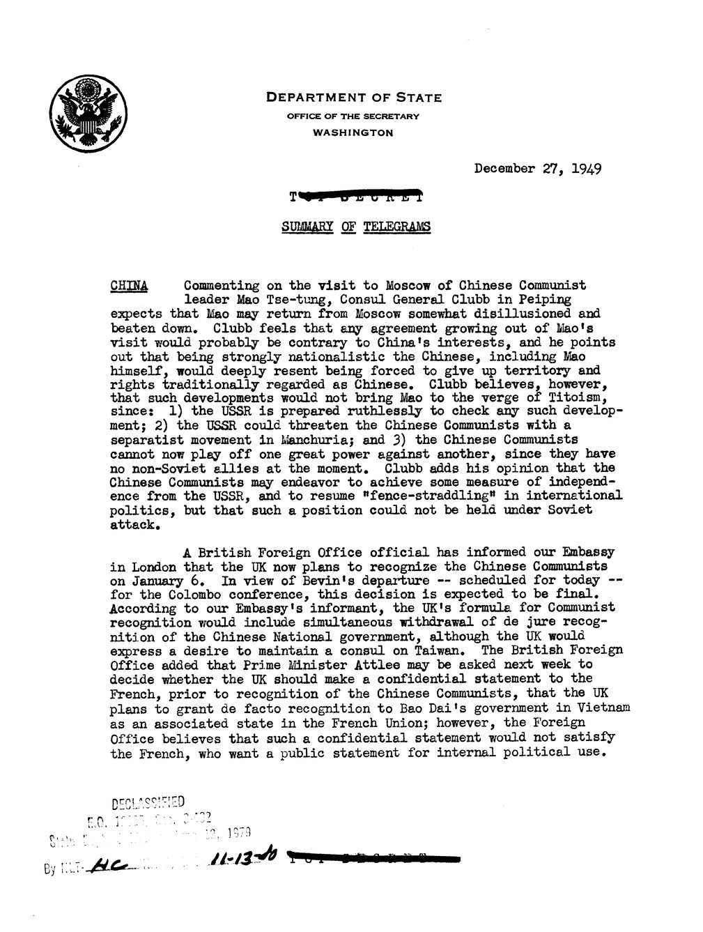 Memorandum, Department of State Summary of Telegrams
