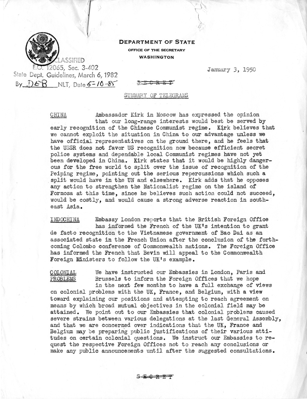 Memorandum, Department of State Summary of Telegrams