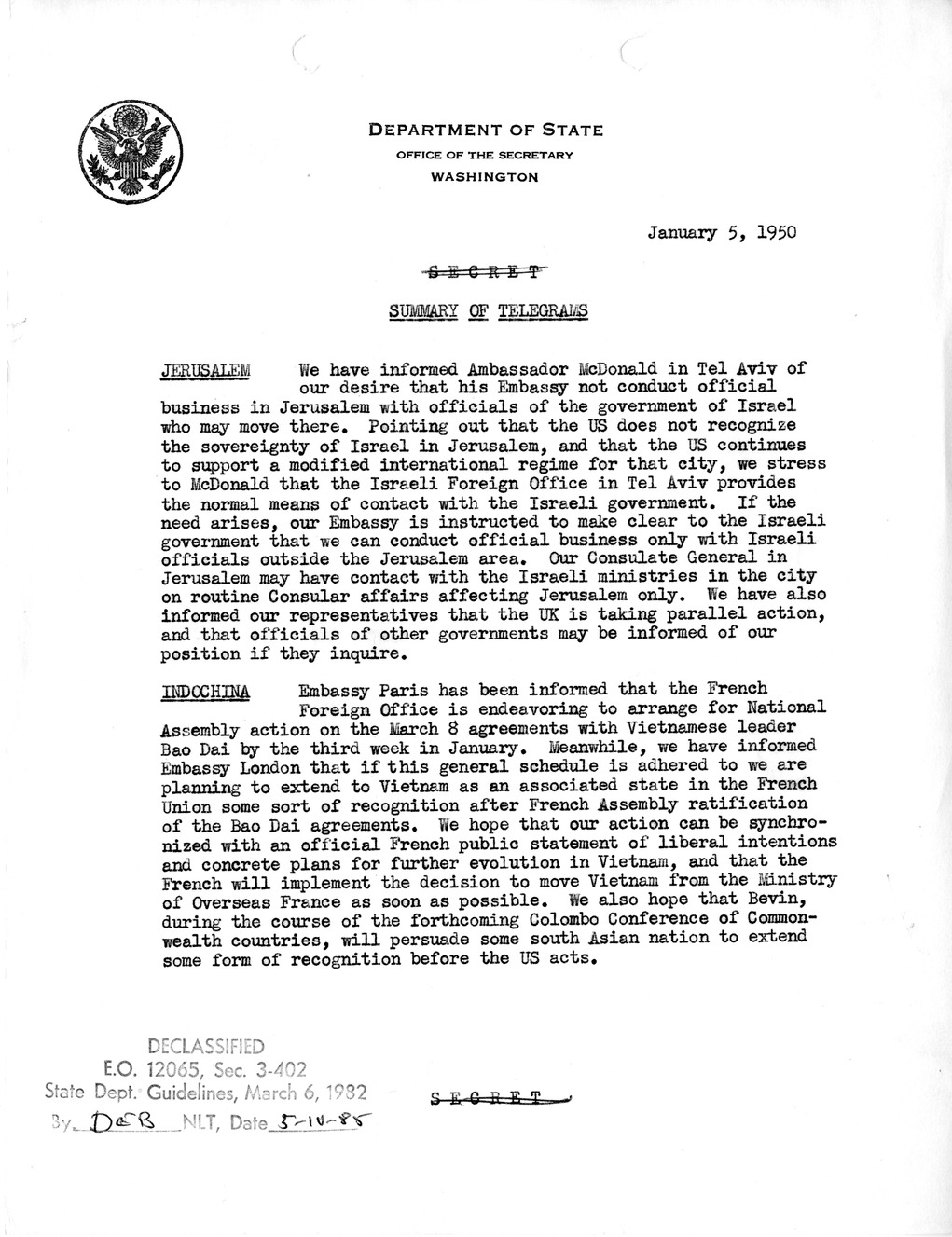 Memorandum, Department of State Summary of Telegrams