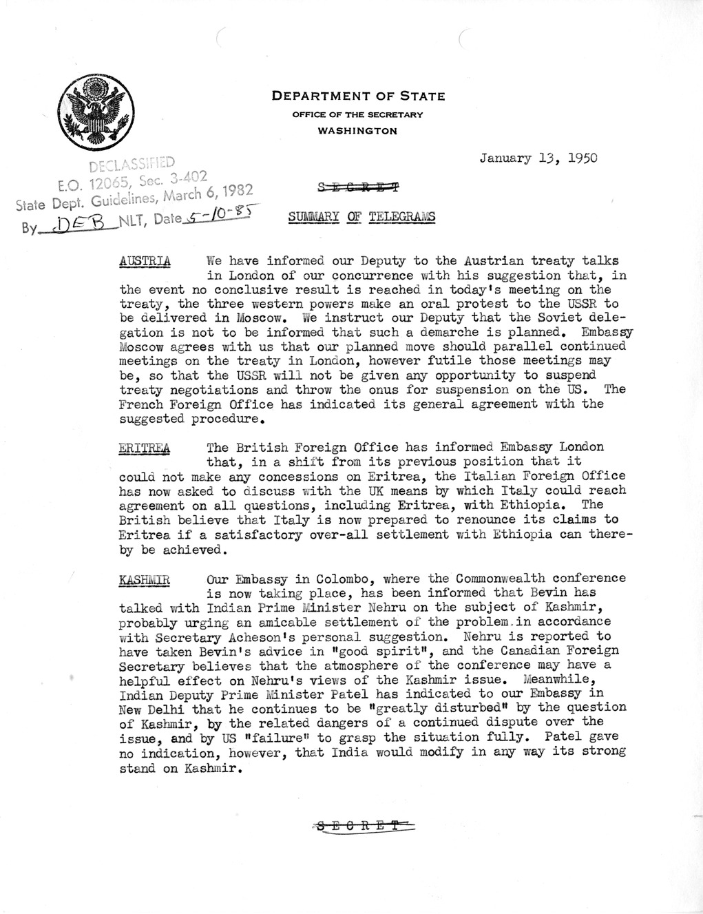 Memorandum, Department of State Summary of Telegrams
