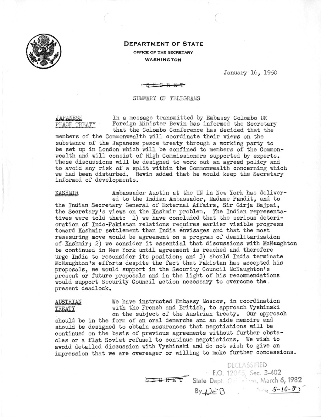 Memorandum, Department of State Summary of Telegrams